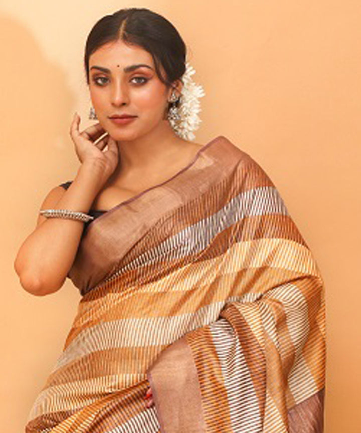 Brown yellow chhattisgarh tussar silk handloom saree