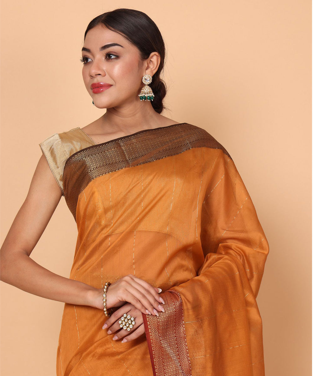 Orange maheshwari cotton silk handloom saree