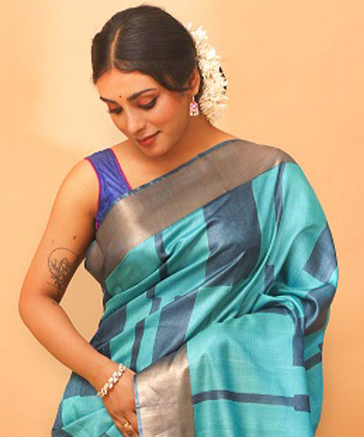 Turquoise blue tussar silk chhattisgarh handloom saree