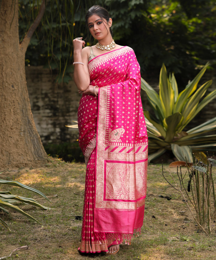 Rani pink booti silk handwoven banarasi saree