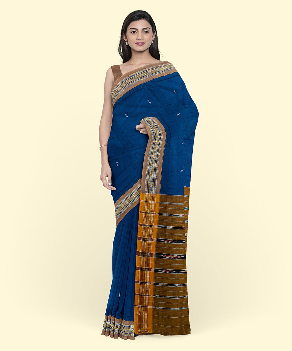 Midnight blue yellow cotton handwoven nuapatna saree