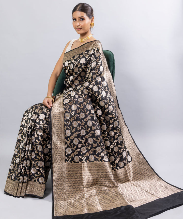 Black jangla silk handwoven banarasi saree