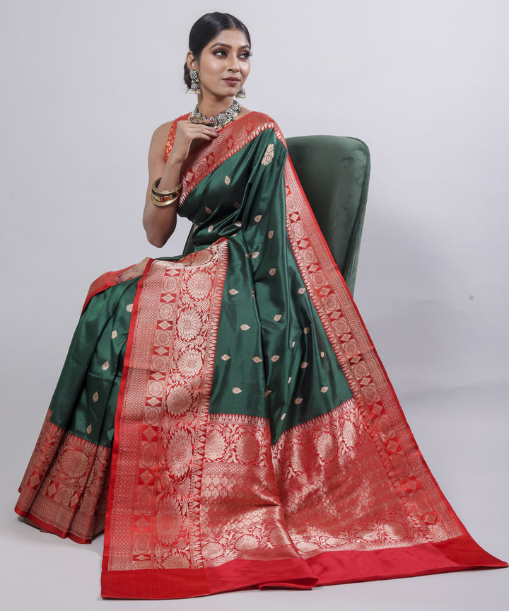 Dark green red border silk handwoven banarasi saree