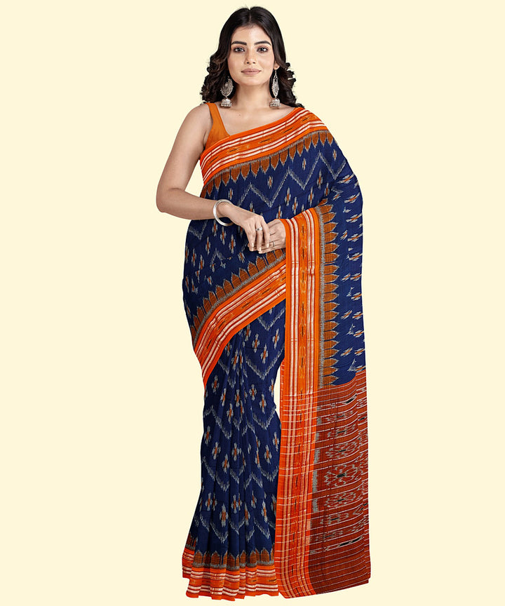 Navy blue orange cotton handwoven nuapatna saree