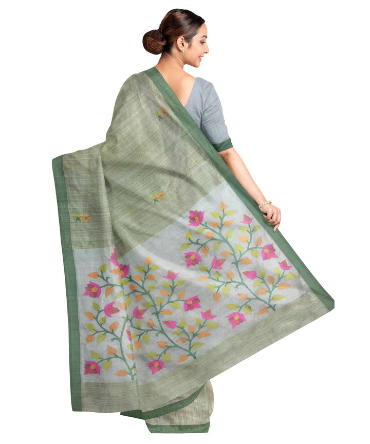 Dark green handloom jamdani silk saree