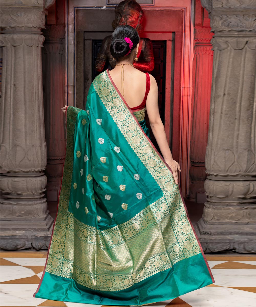 Dark green booti silk handwoven banarasi saree