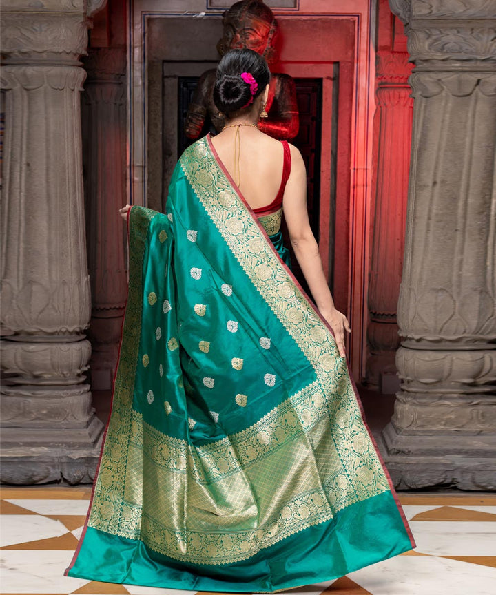 Dark green booti silk handwoven banarasi saree