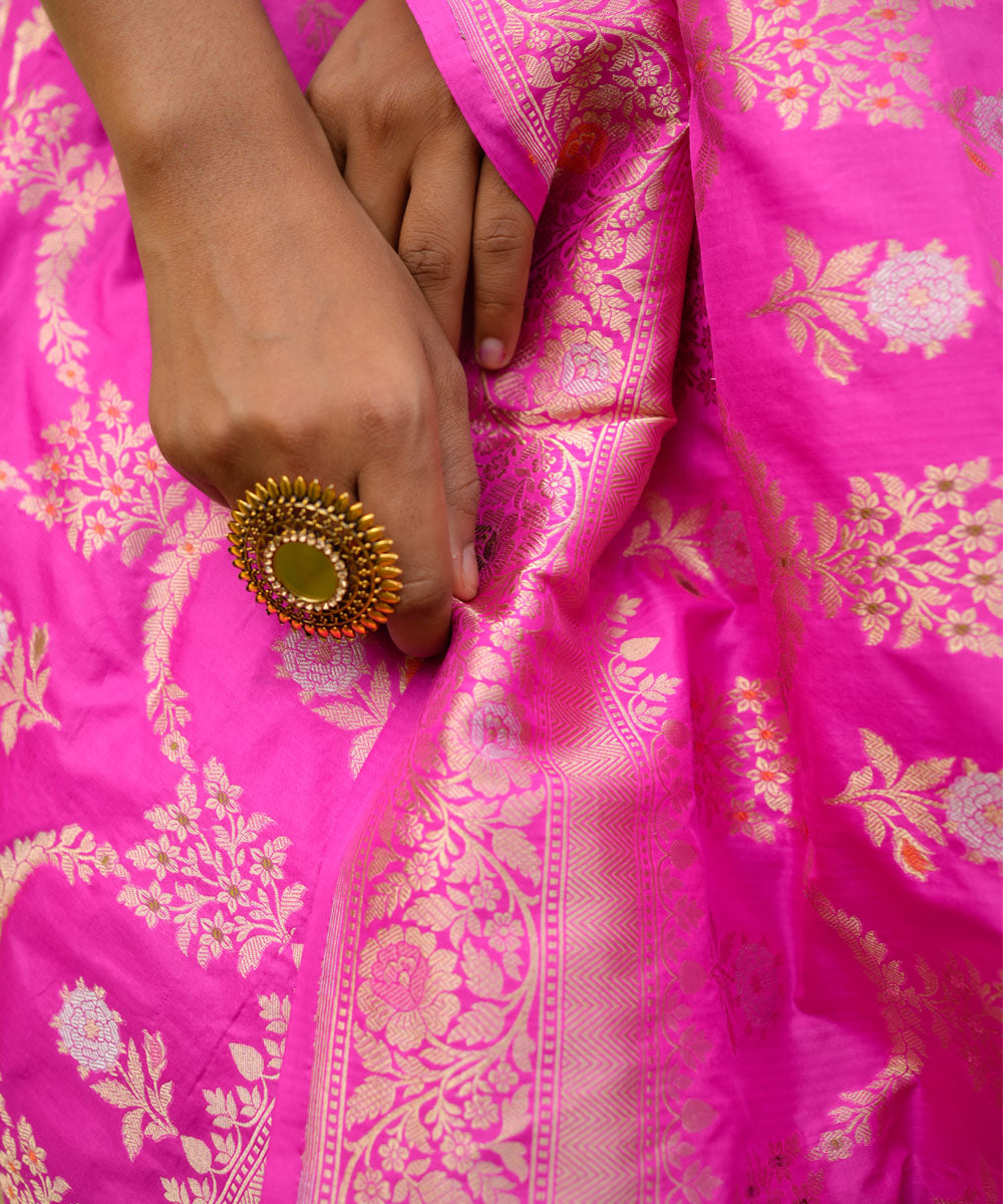 Rani pink silk handwoven banarasi saree