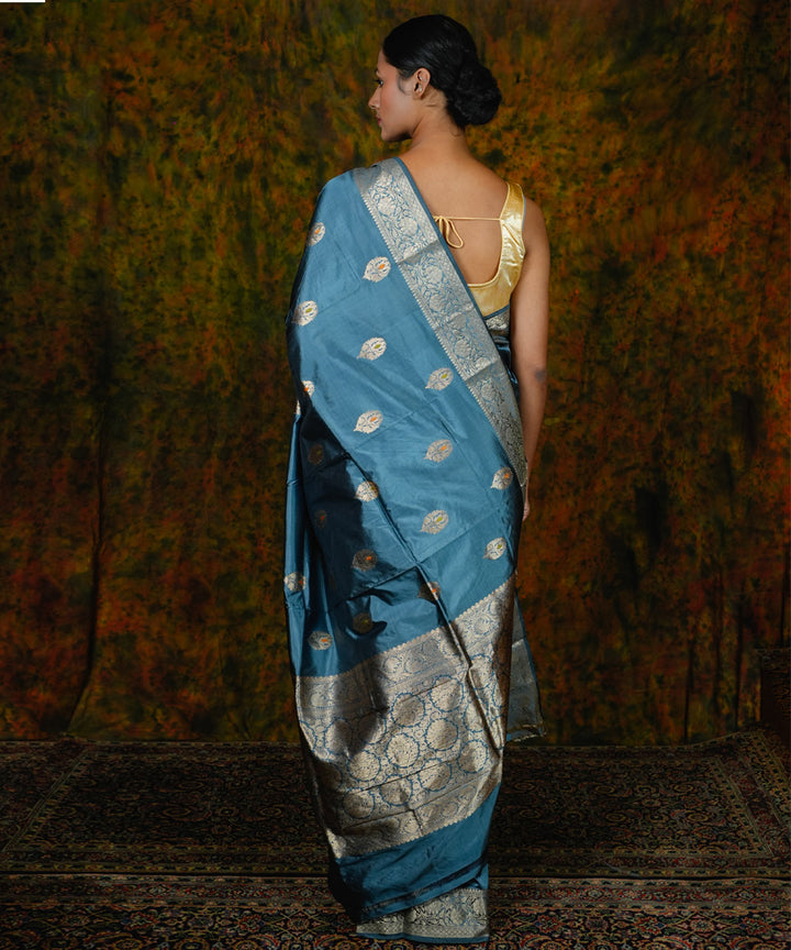 Turquoise boota silk handwoven banarasi saree