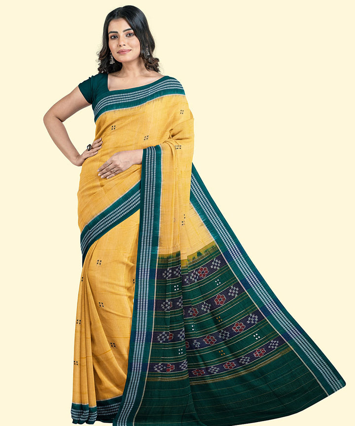 Yellow green cotton handwoven nuapatna saree