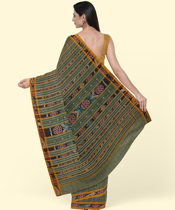 Olive green brown cotton handwoven nuapatna saree