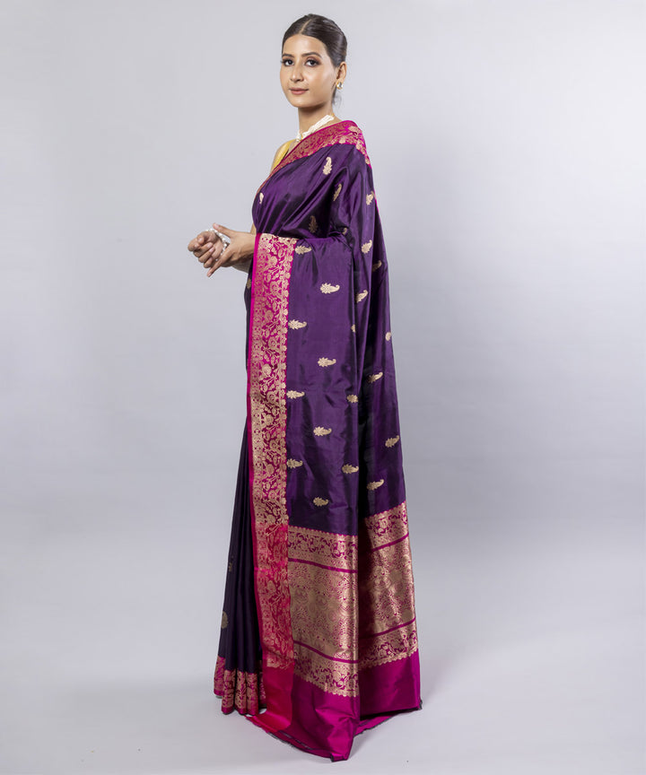 Violet pink border silk handwoven banarasi saree