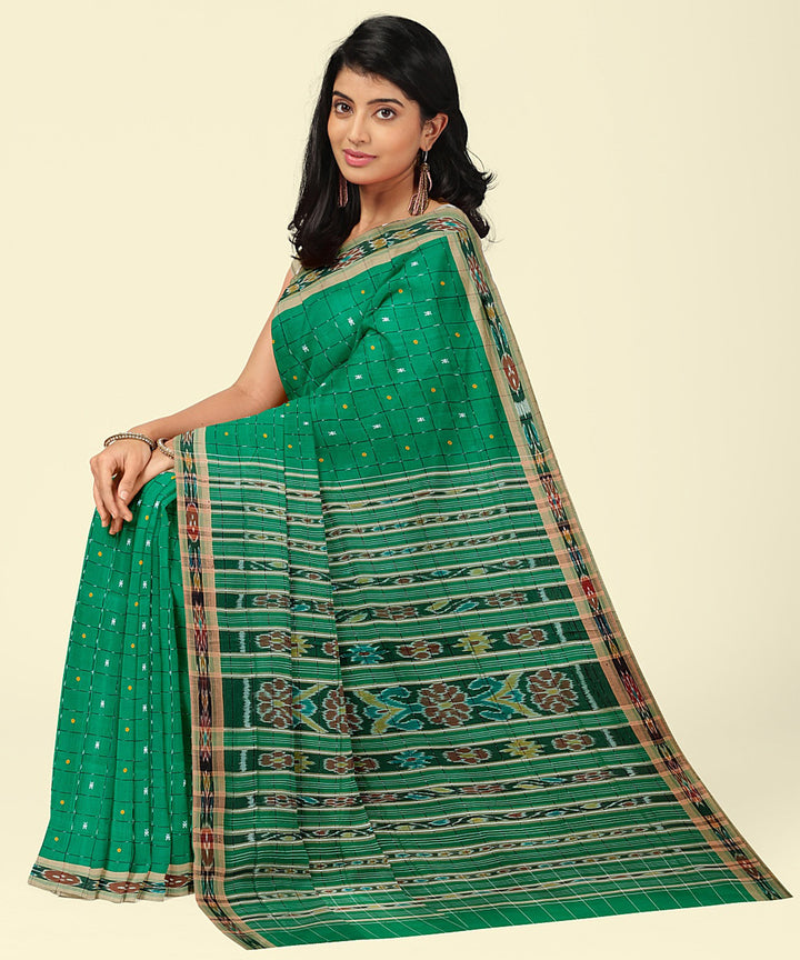 Lime green brown handwoven nuapatna cotton saree