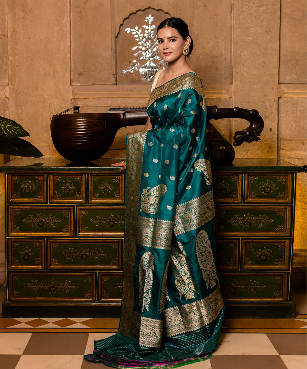 Greenish blue handwoven banarasi silk saree