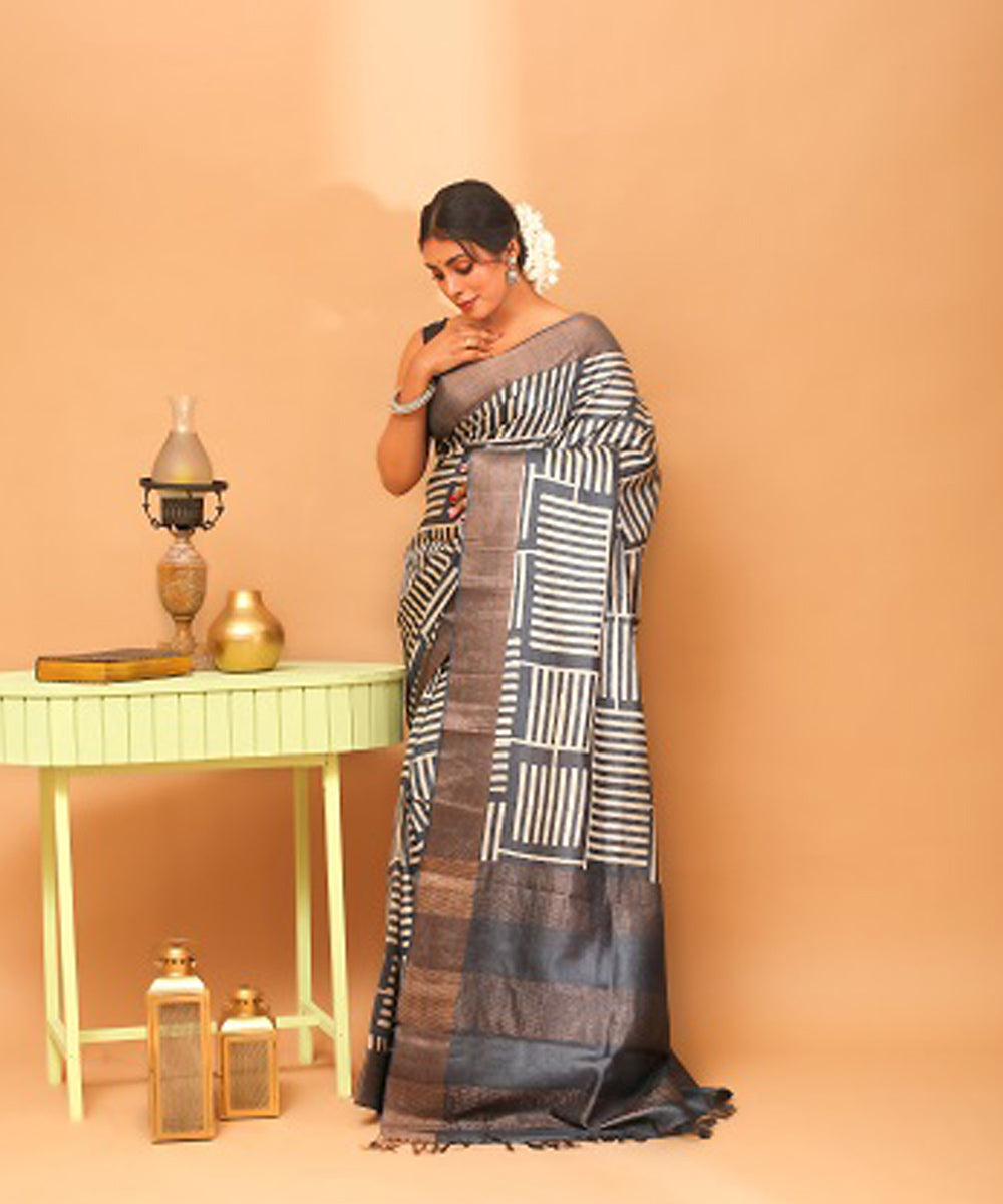 Black white chhattisgarh handloom tussar silk saree