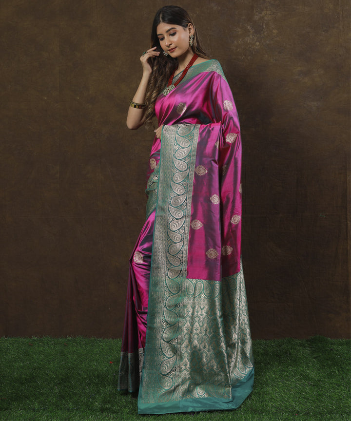 Purple green border silk handwoven banarasi saree