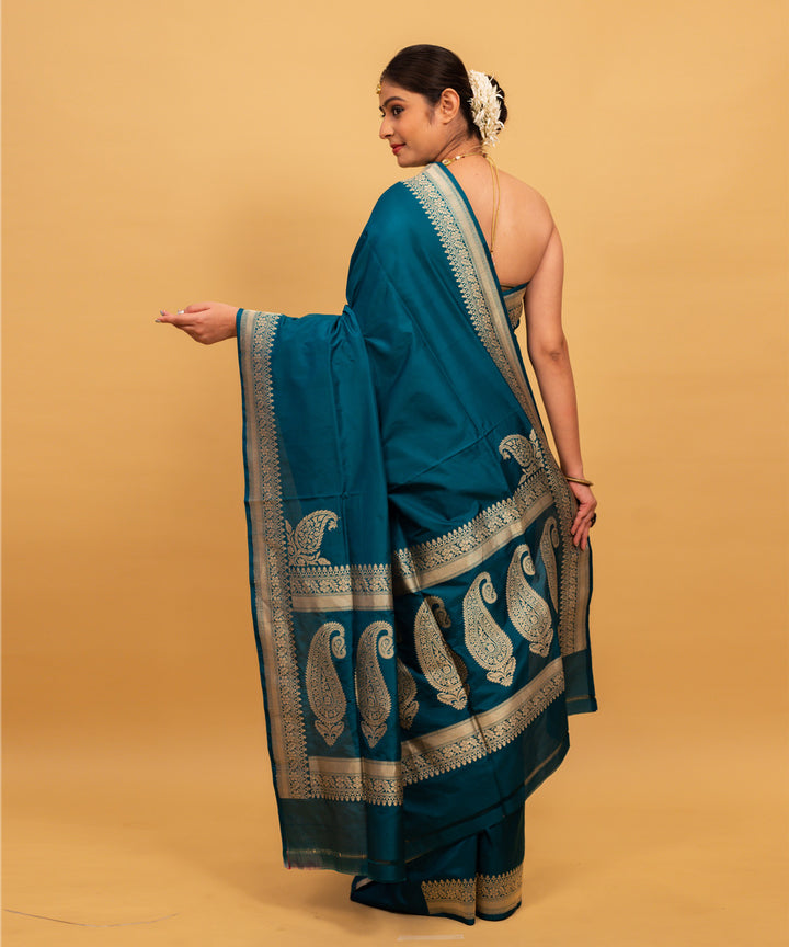 Teal green plain silk handwoven banarasi saree