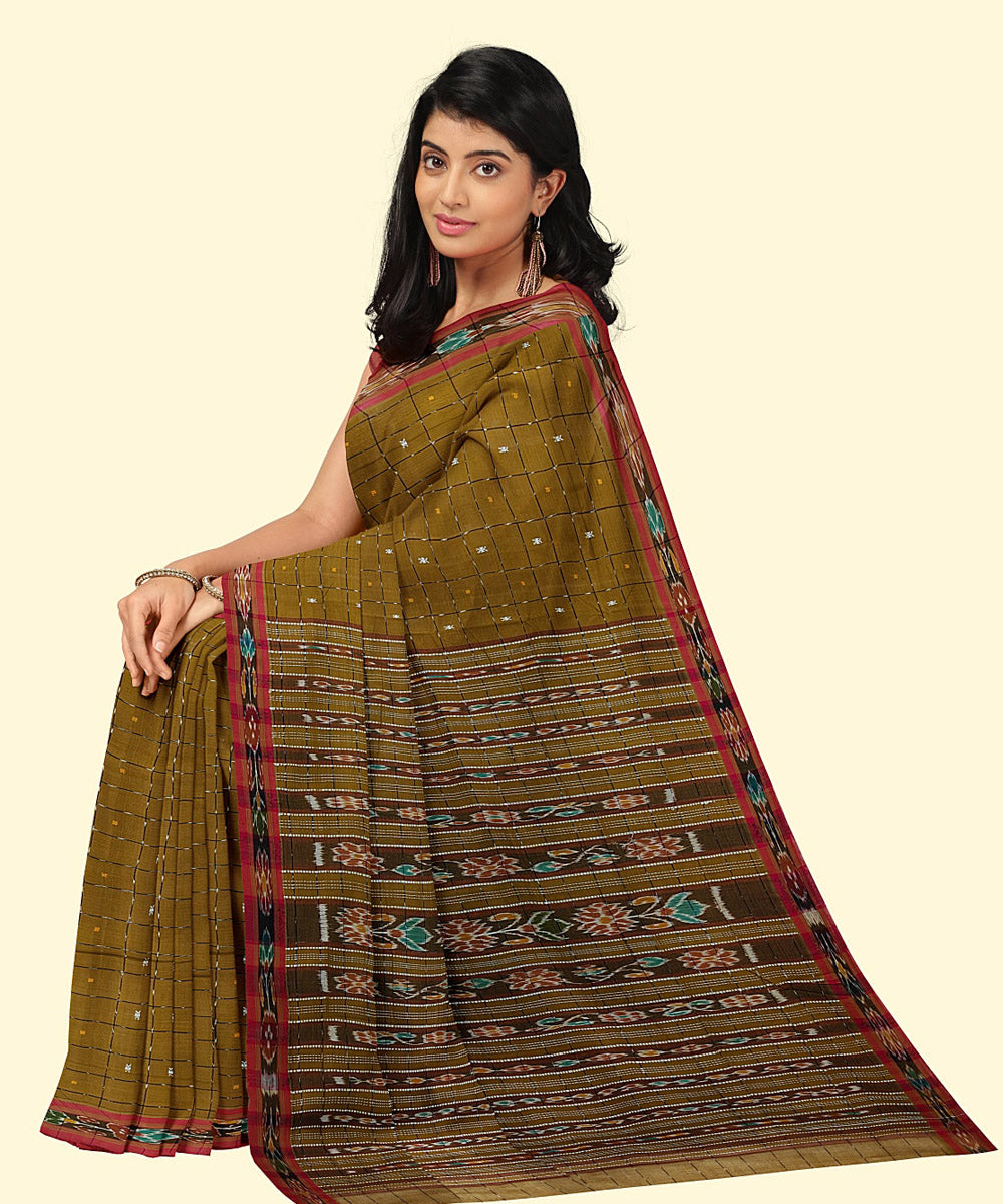 Brown red cotton handwoven nuapatna saree