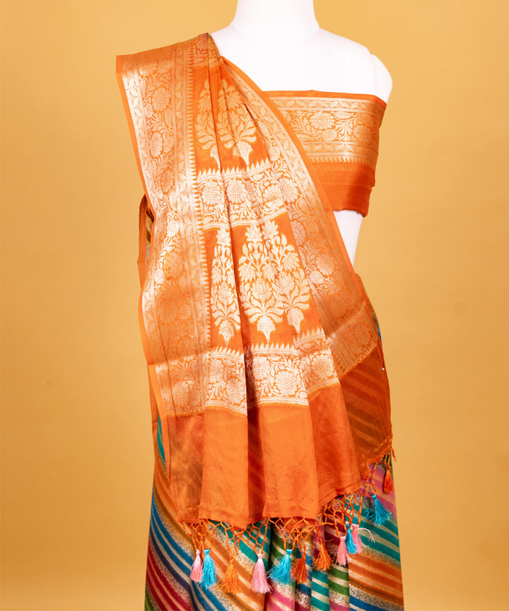 Orange diagonal stripe silk handwoven banarasi saree