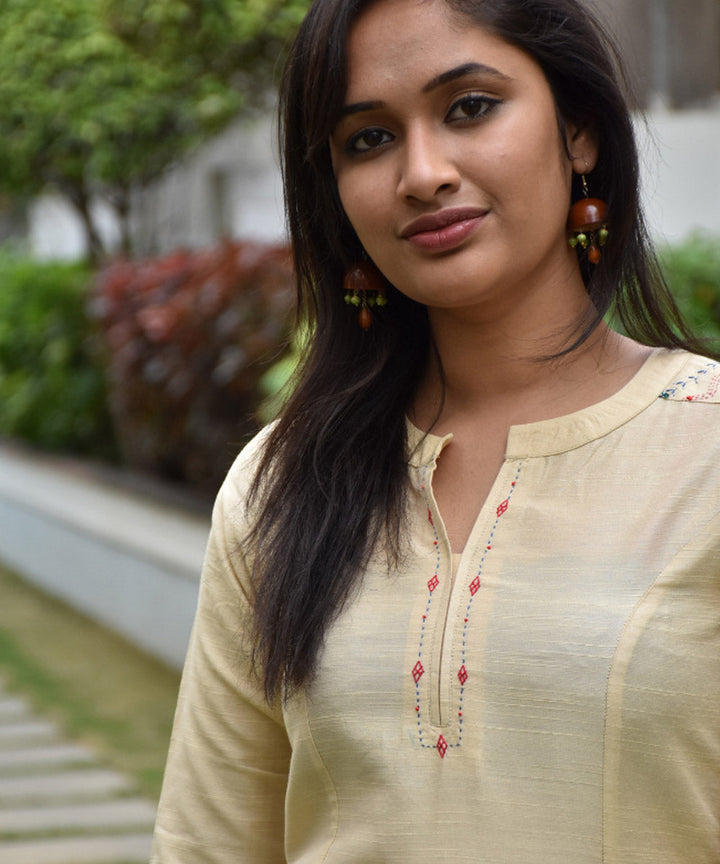 Beige silk hand embroidery tunic