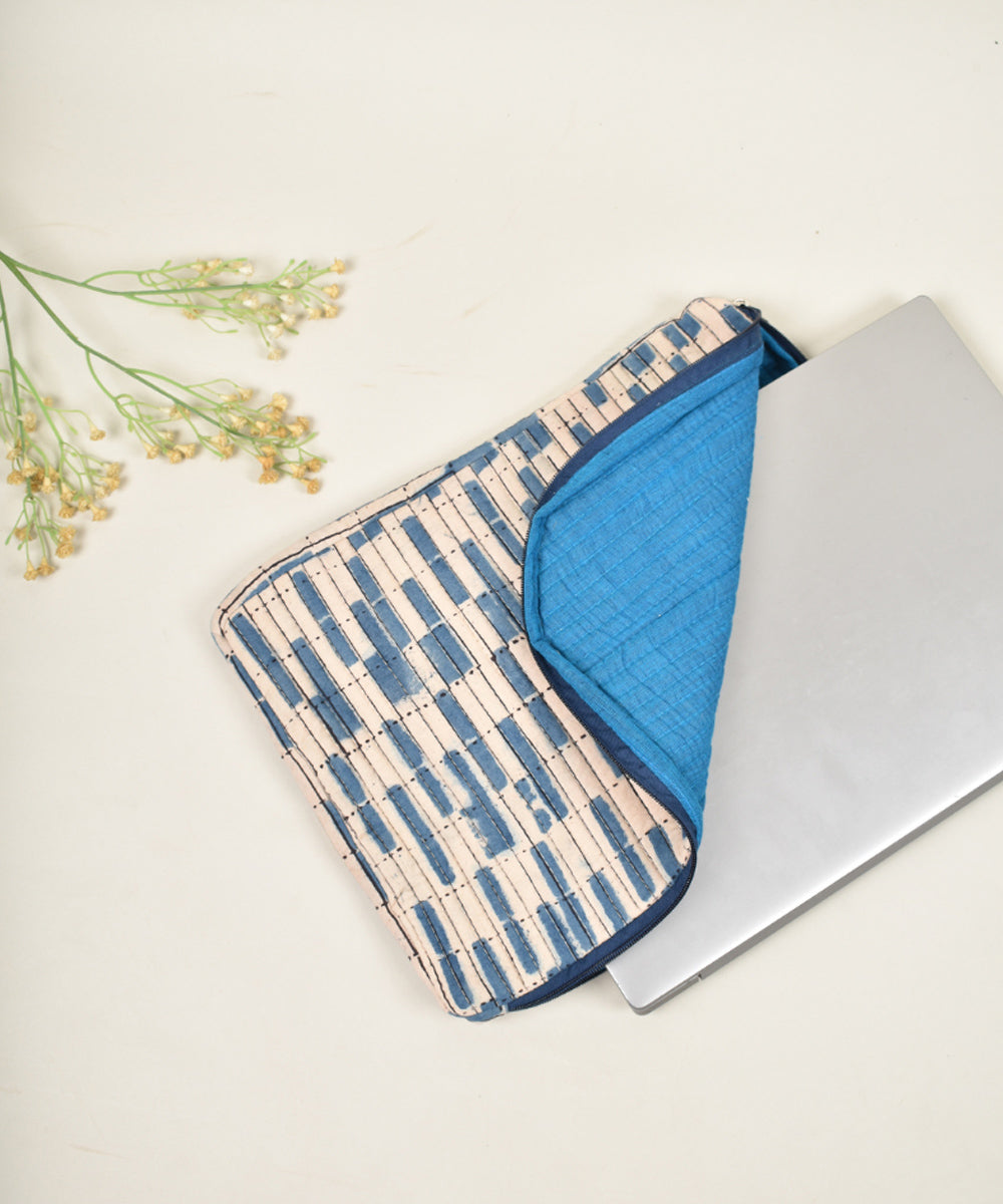 White blue handcrafted cotton pochampally ikat laptop sleeve