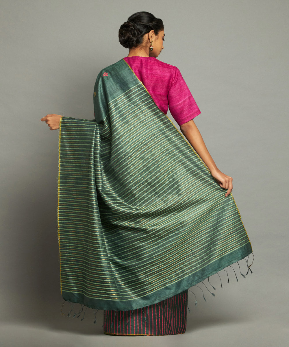 Dark green tussar silk handwoven chhattisgarh kosa saree