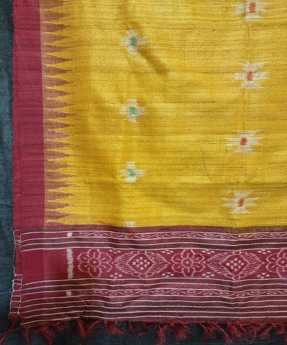 Mustard maroon handwoven tussar silk ikat dupatta