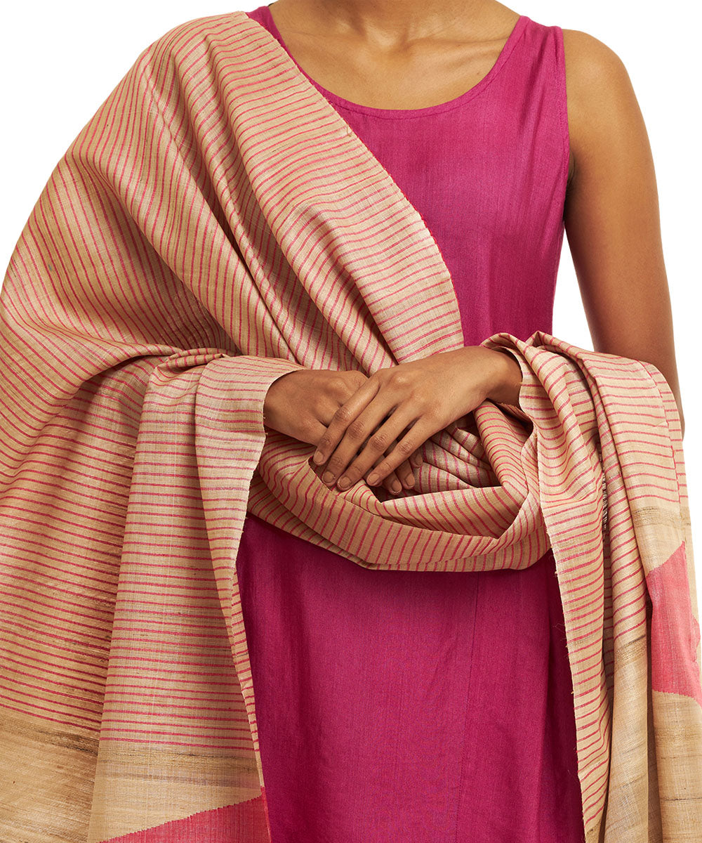 Beige pink temple striped handwoven kosa silk dupatta