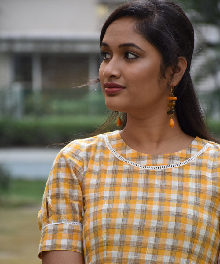 Orange checks and stripes cotton midi dress