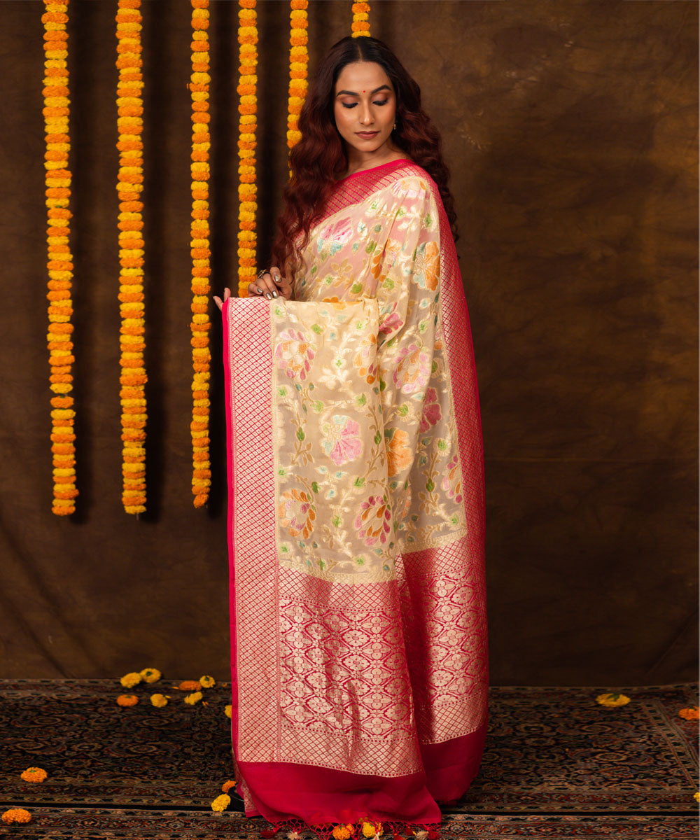 Beige pink silk handwoven banarasi saree