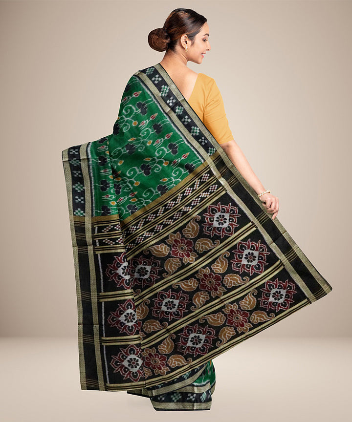 Dark green black silk handwoven nature inspired khandua saree