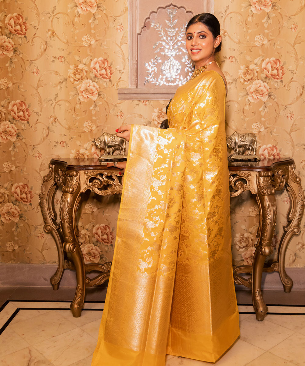Yellow handwoven silk banarasi saree
