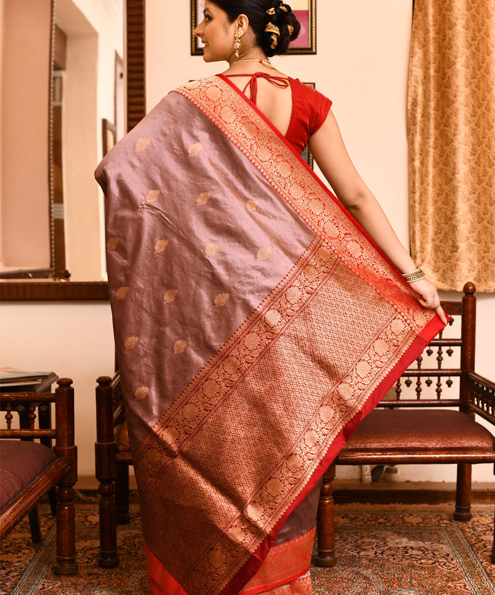 Lavender red silk handwoven banarasi saree
