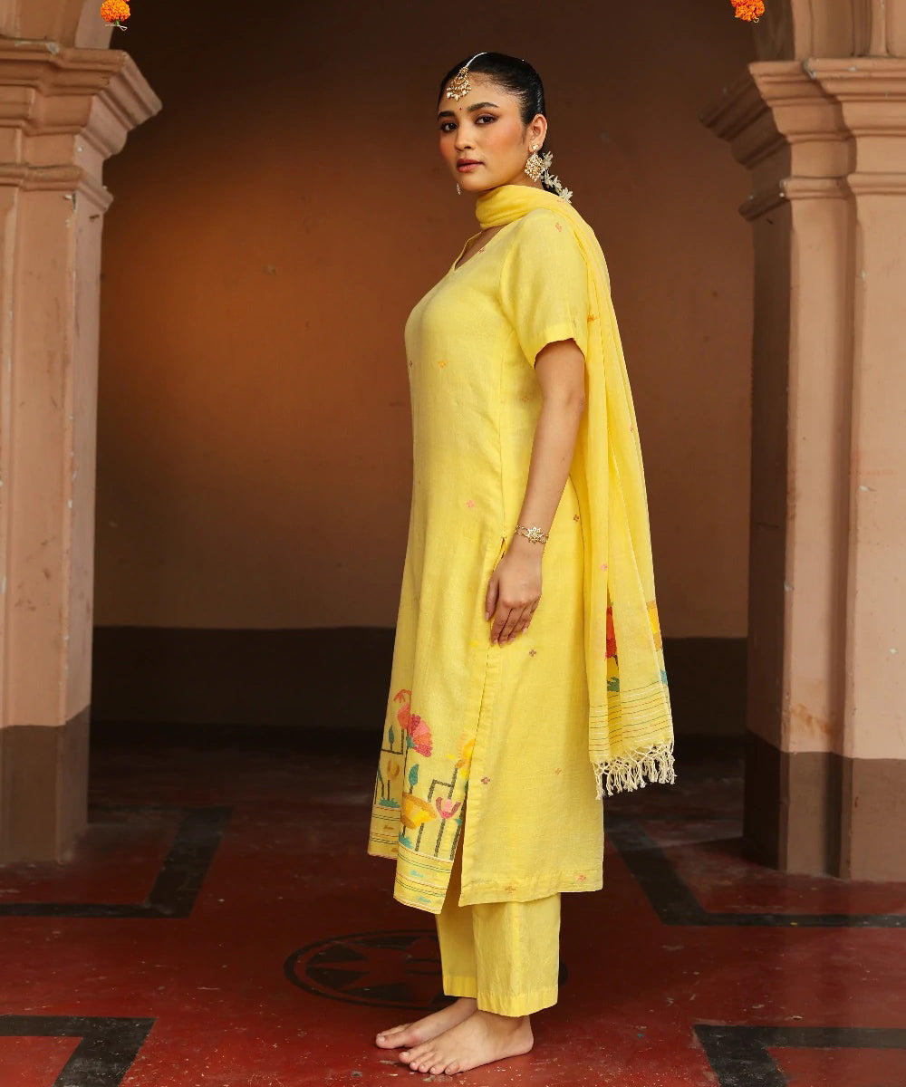 Handloom yellow cotton jamdani kurta set with dupatta
