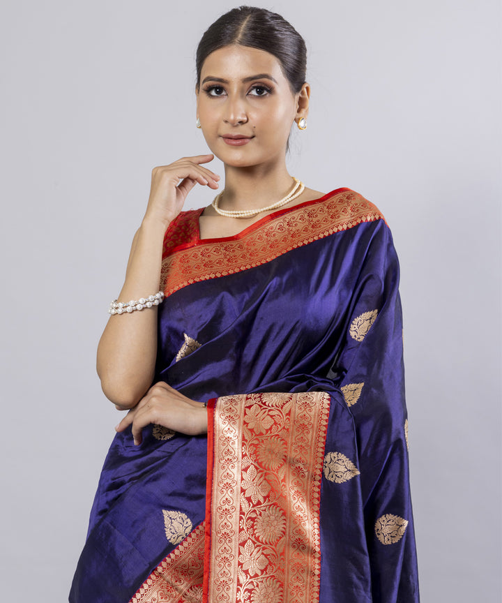 Navy blue red border silk handwoven banarasi saree