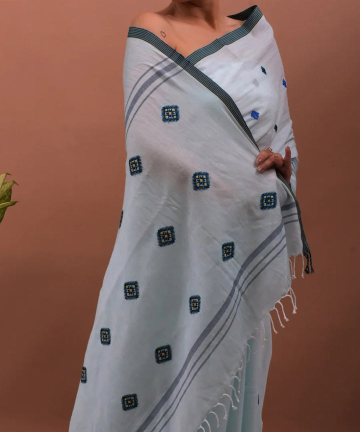 Sky blue black cotton handloom assam saree