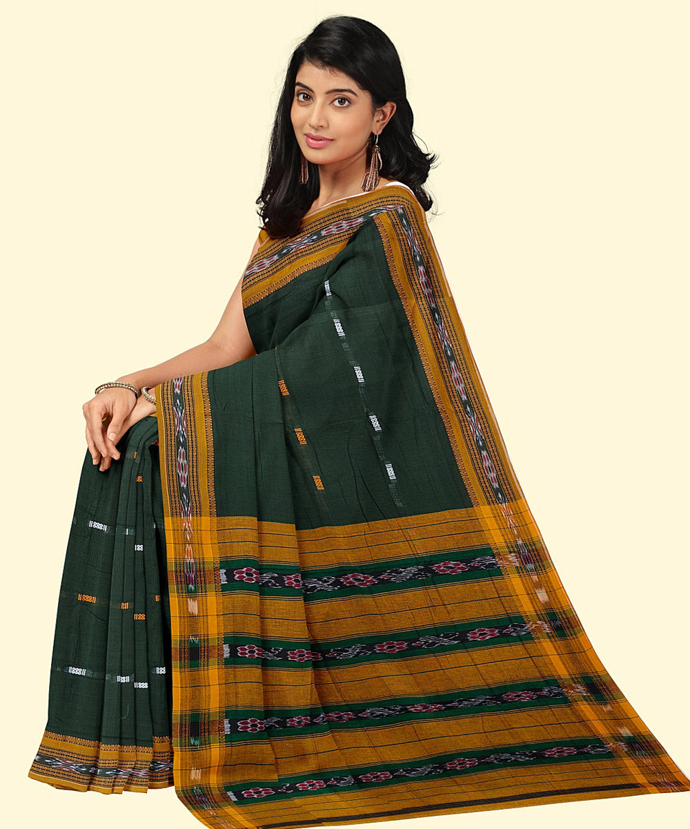 Dark green yellow cotton handwoven nuapatna saree