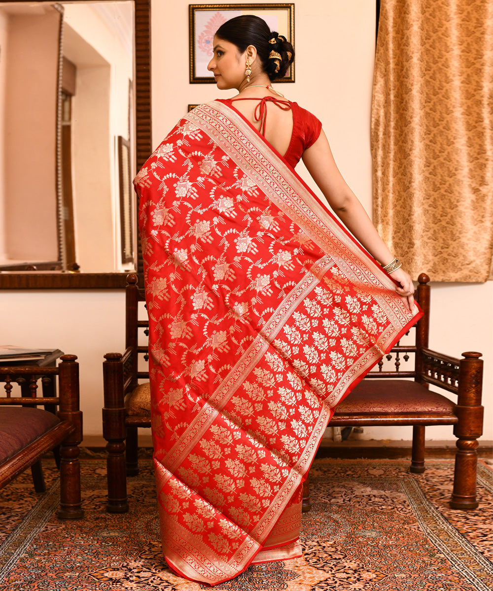 Red silver silk handwoven banarasi saree