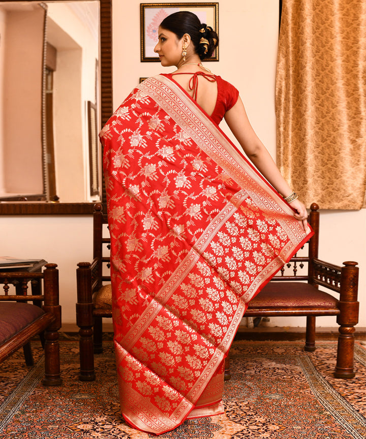 Red silver silk handwoven banarasi saree