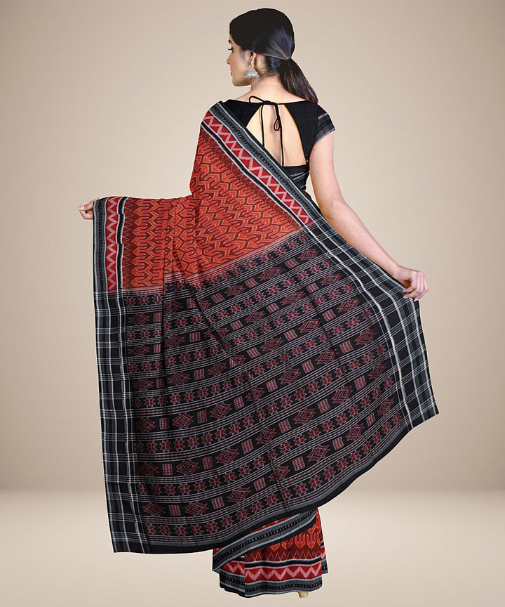 Cadmium orange black cotton handwoven sambalpuri saree