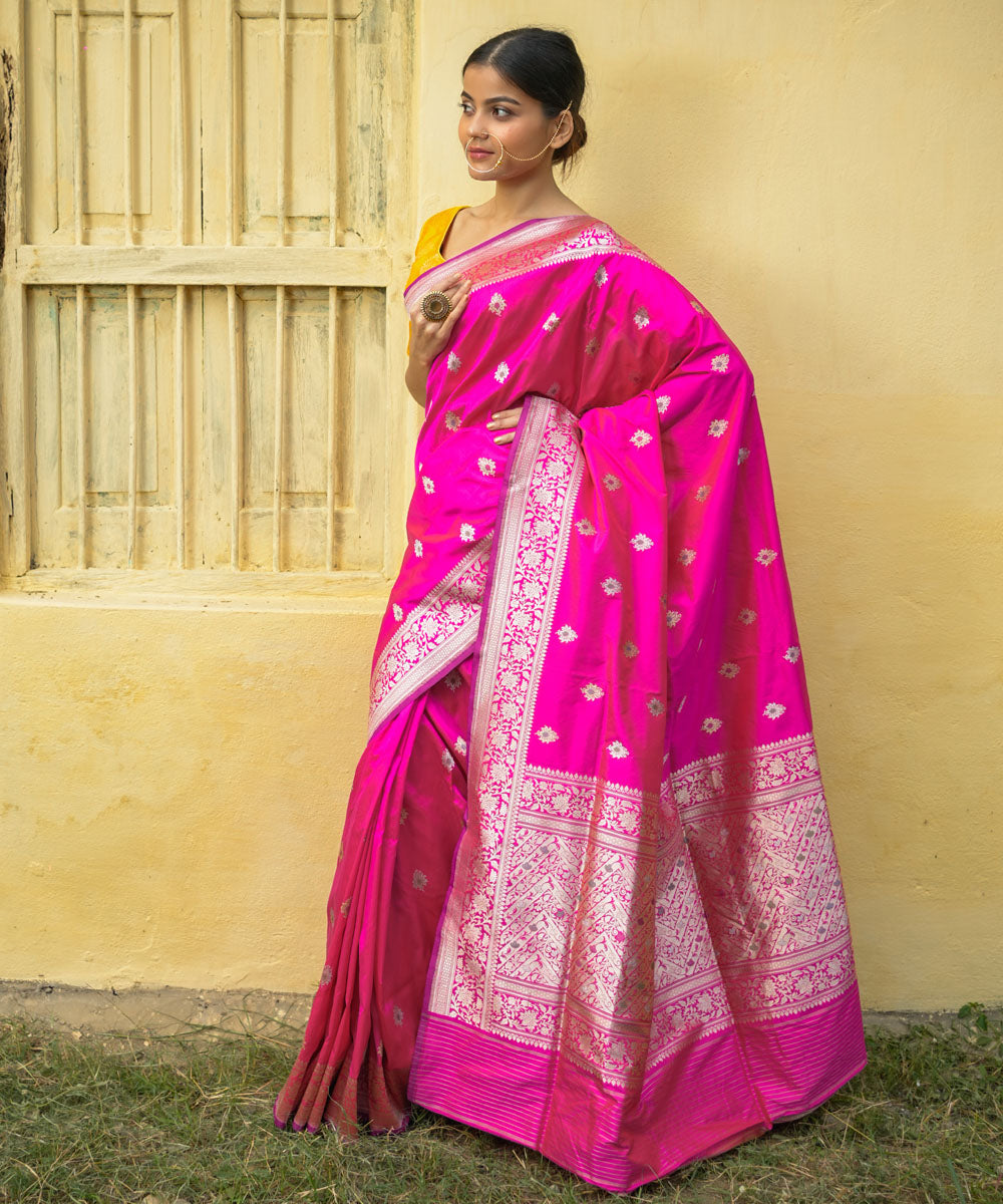 Rani pink booti handwoven banarasi silk saree