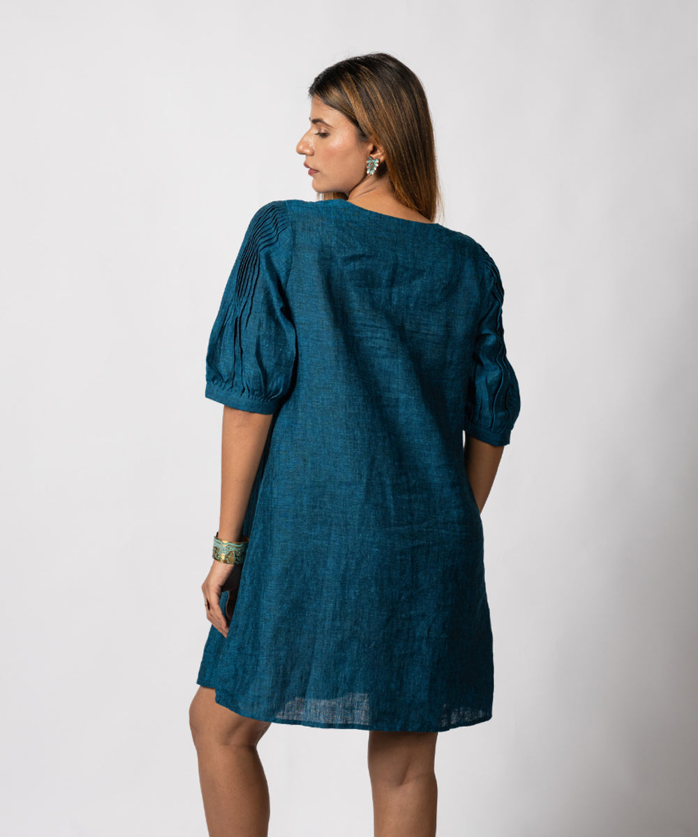 Teal blue handwoven linen dress