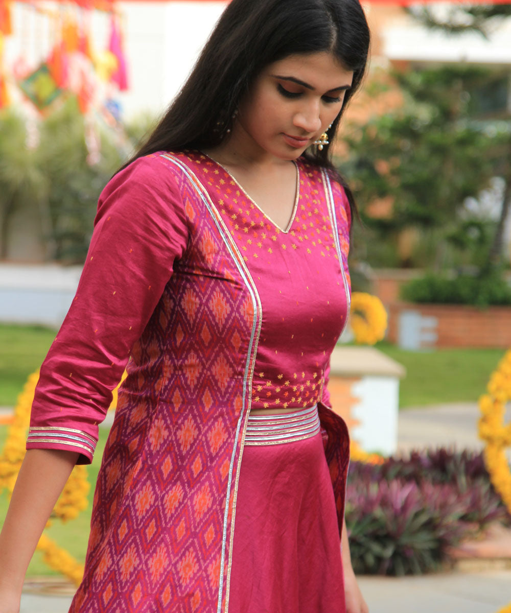 Pink hand embroidery, chanderi, handwoven ikat lehenga set