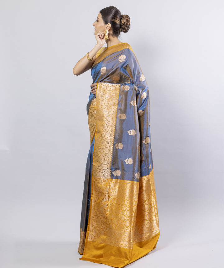 Indigo mustard border silk handwoven banarasi saree