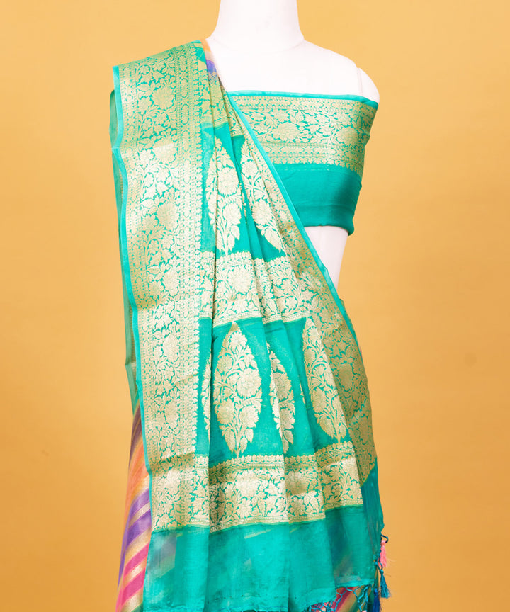 Light green diagonal stripe silk handwoven banarasi saree
