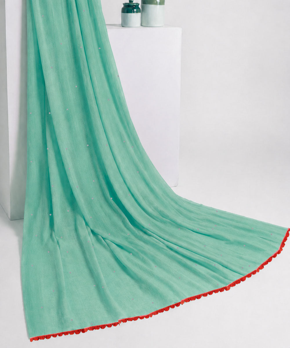 Teal green orange crochet mukaish cotton saree