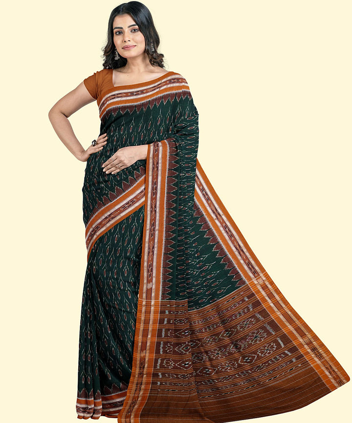 Dark green brown cotton handwoven nuapatna saree