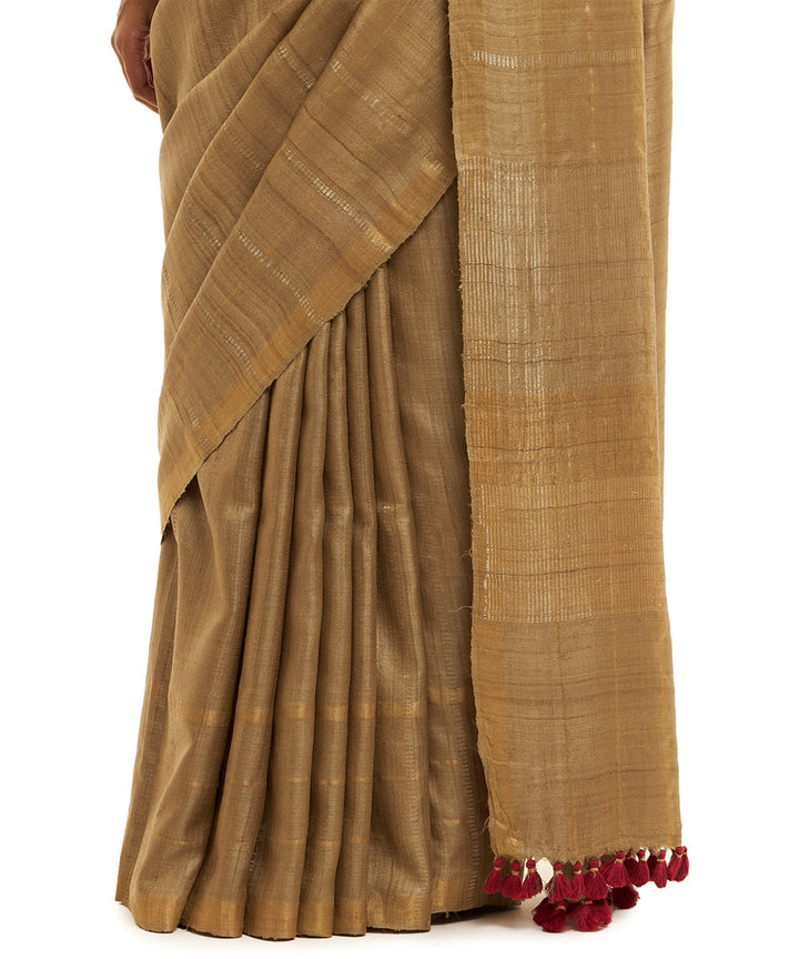 Handwoven khaki kosa saree with gold silver zari