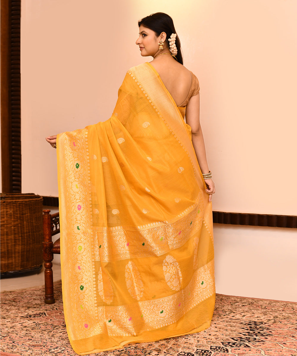 Mustard multi color buti silk handwoven banarasi saree