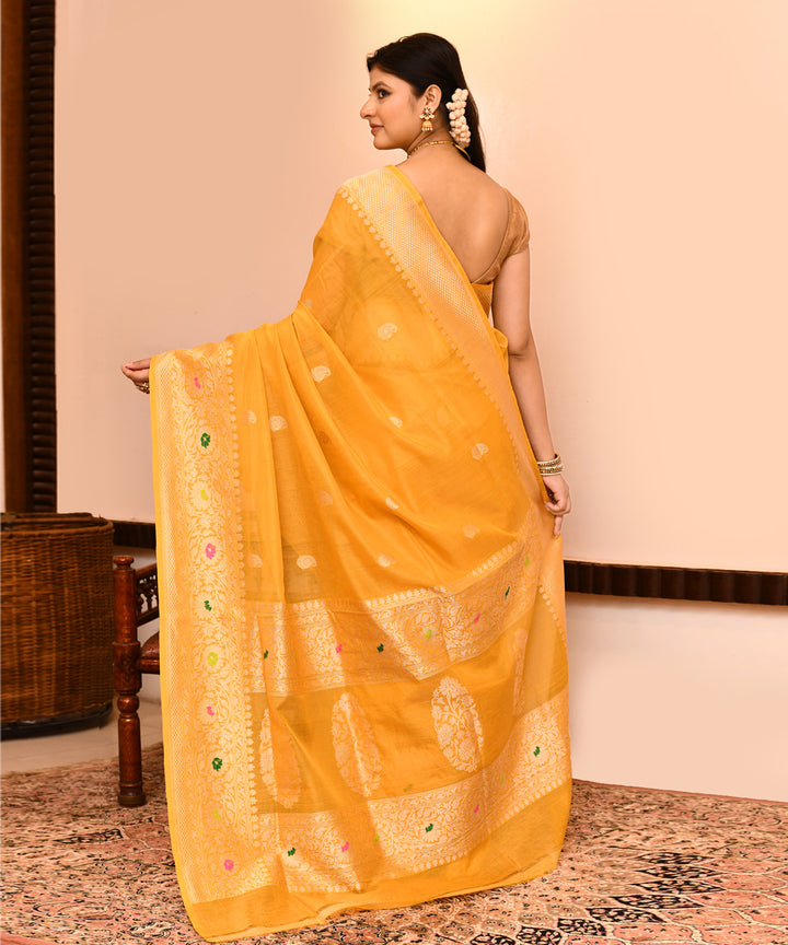 Mustard multi color buti silk handwoven banarasi saree